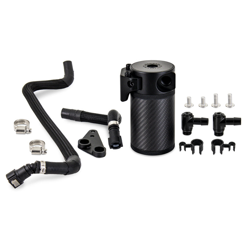 Mishimoto 3K twill weave carbon fiber oil catch can with quick-disconnect hoses and steel bracket for Corvette C8.