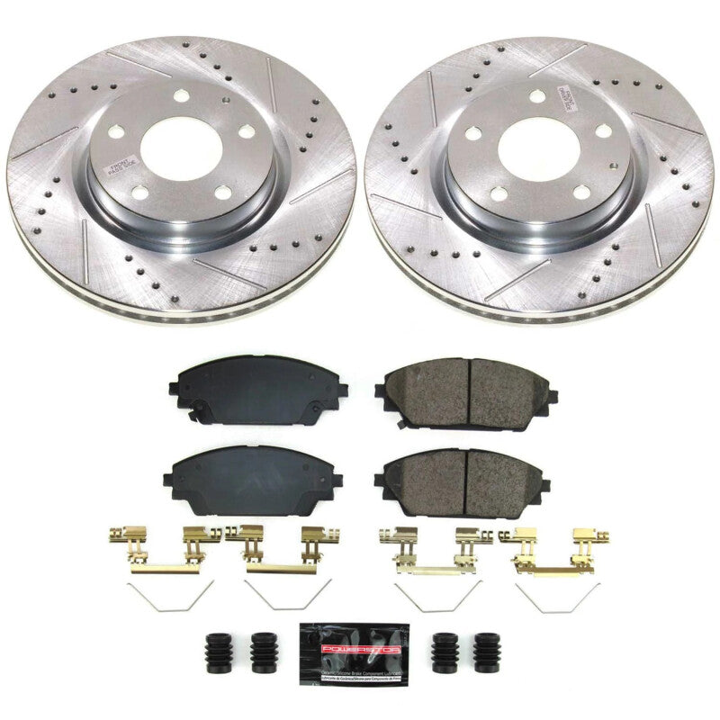 Power Stop Z23 Evolution Sport front brake kit with drilled and slotted rotors, brake pads, and hardware.