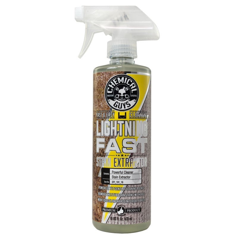 16oz bottle of Chemical Guys Lightning Fast Carpet and Upholstery Stain Extractor with spray nozzle