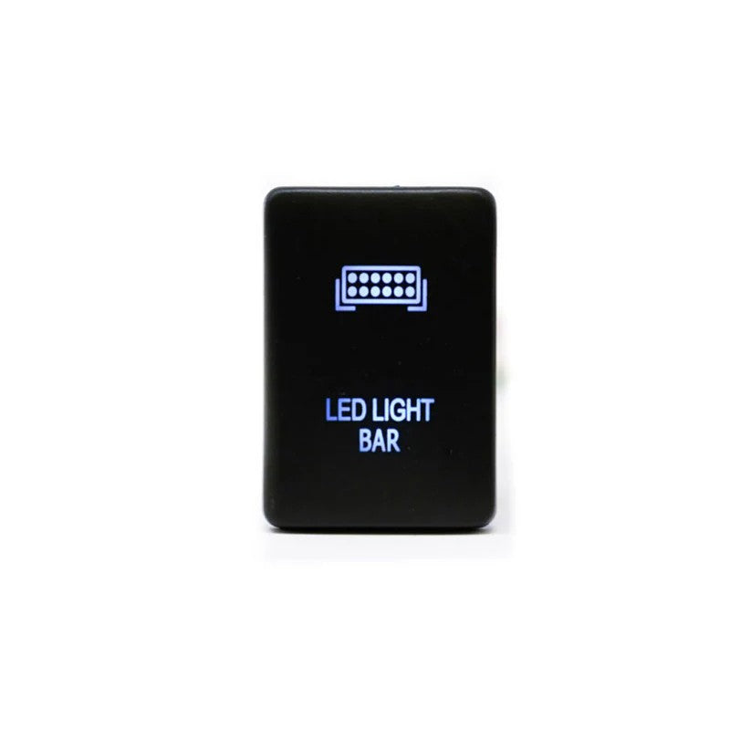 Cali Raised LED small-style Toyota OEM push switch with light bar icon and text for factory dash integration.