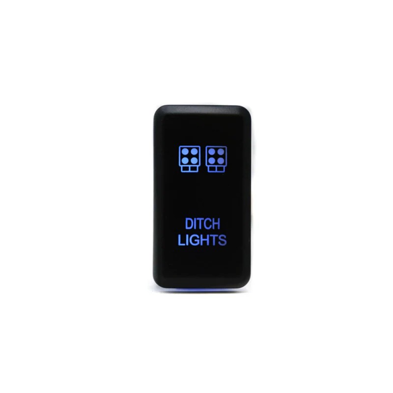 Cali Raised LED tall style Toyota OEM-style push switch with blue LED backlighting and ditch light icon.