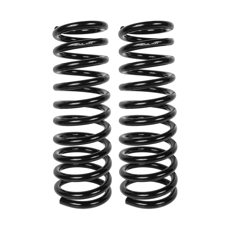 Two black powder-coated Carli Suspension linear rate front coil springs for 2003-2010 Dodge Ram 2500 and 3500 Diesel.