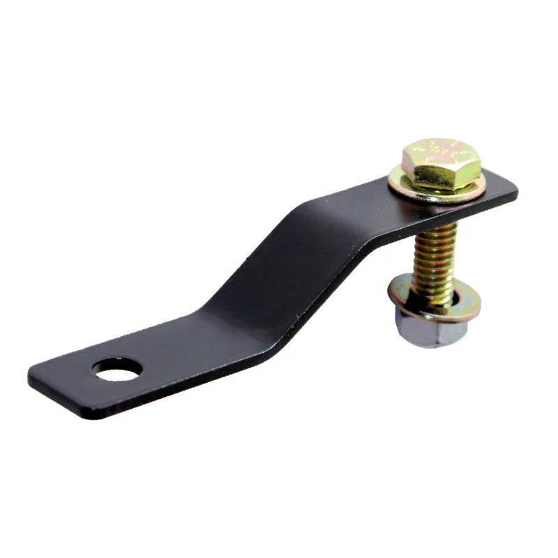 Black powdercoated Carli brake line relocation tabs with Grade 8 mounting hardware for Ford Super Duty trucks.