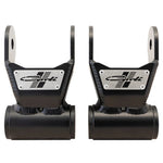 Black powdercoated 1/4-inch fabricated steel leaf spring shackles for 2005-2026 Ford Super Duty trucks