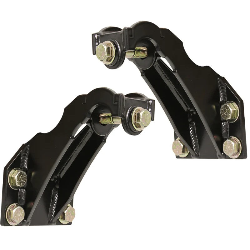 Pair of black powdercoated Carli fabricated rear shock mounts for 2008-2016 Ford F-250 and F-350 Super Duty trucks.