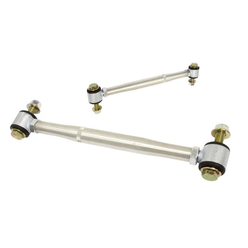 Carli machined aluminum extended rear sway bar end links with urethane bushings and Grade 8 mounting hardware.