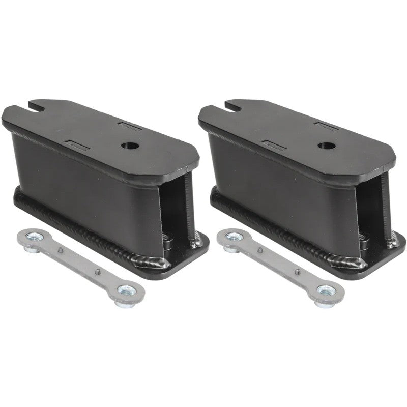 Black powder-coated fabricated steel sway bar frame drop brackets with Grade 8 mounting hardware.