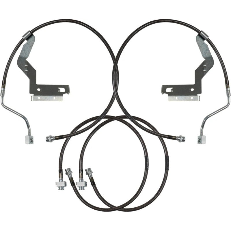 Carli stainless steel and Kevlar braided extended brake lines for lifted 2017-2026 Ford F-250 and F-350 Super Duty trucks.