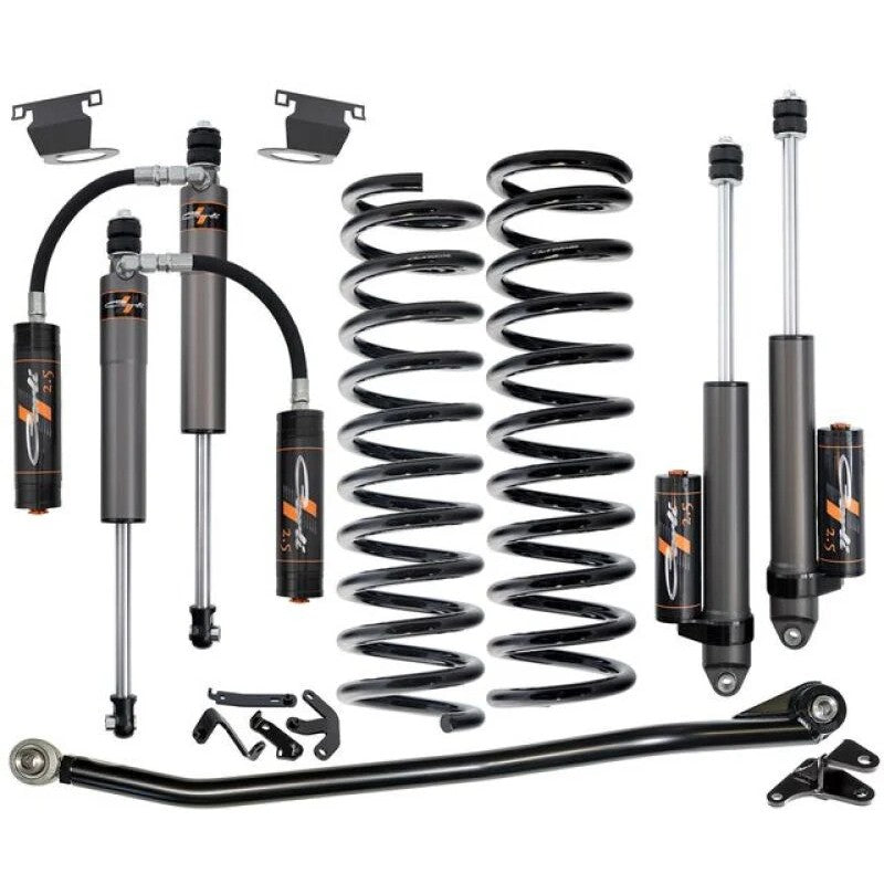 Carli 2.5 Pathfinder Leveling System including gray hardcoat shocks, coil springs, and adjustable track bar.