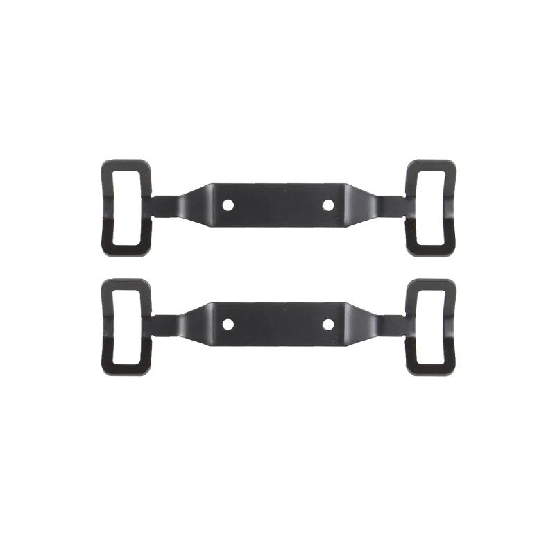 Black powder coated Carli short reservoir mounts for 2.5 inch diameter shocks with included hose clamps.