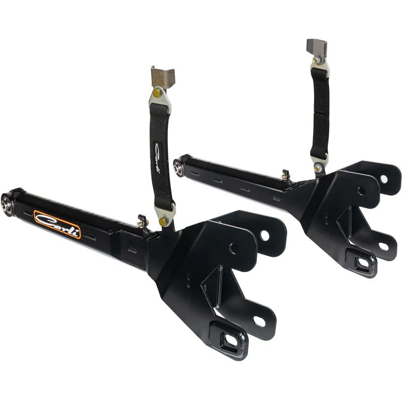 Carli Fabricated Radius Arms for Ford F-250/F-350 featuring boxed steel construction and stainless spherical joints.