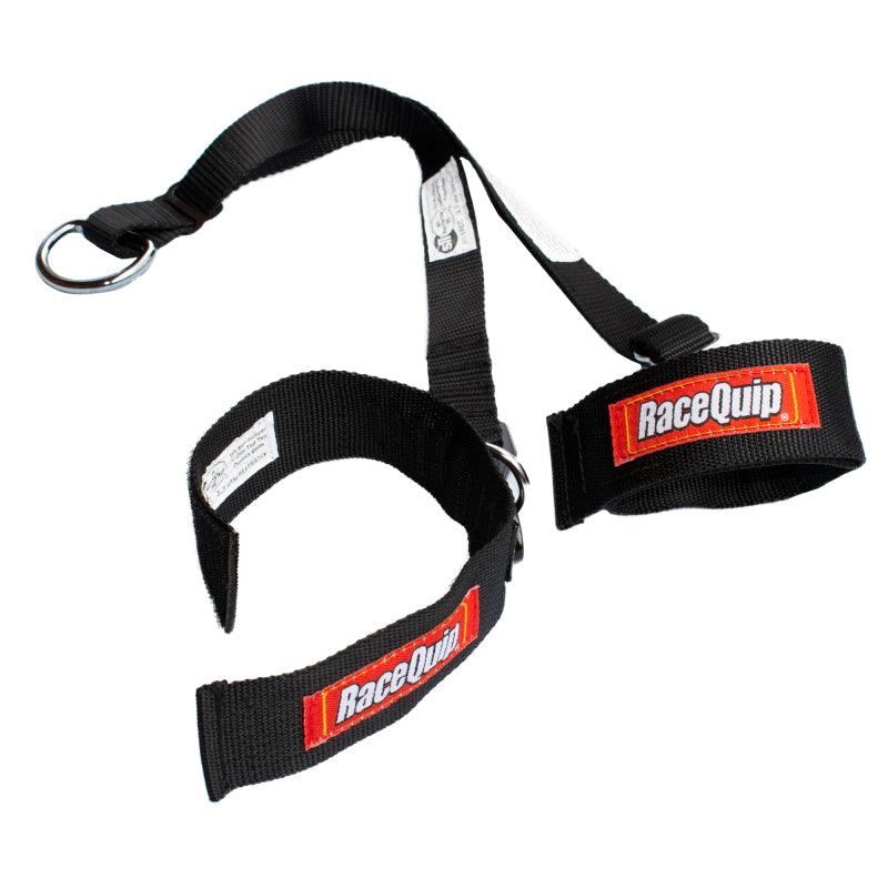 Black RaceQuip Junior racing arm restraints featuring SFI 3.3 certification tags and adjustable nylon webbing.