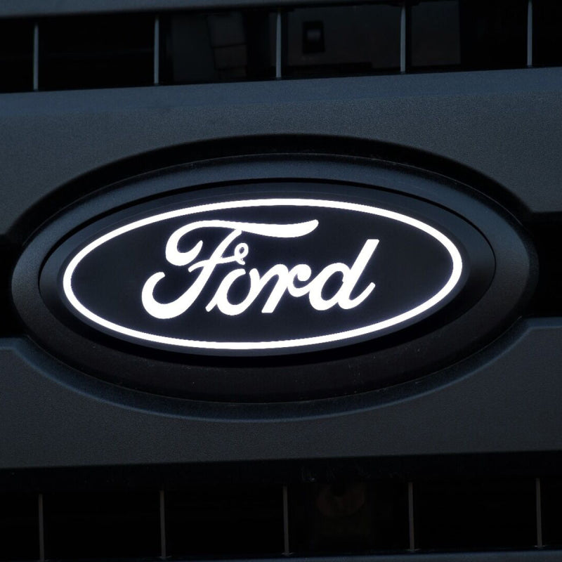 Matte black Putco LUMINIX LED Ford front emblem with white illumination for 2018-2025 Ford F-150.