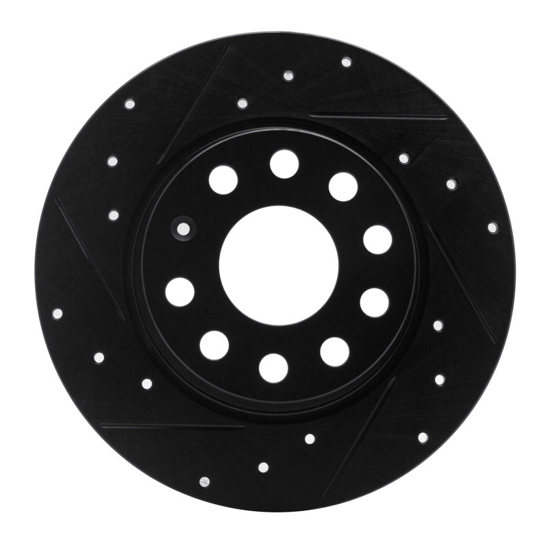 Rear left R1 Concepts drilled and slotted brake rotor with black zinc electroplating finish.