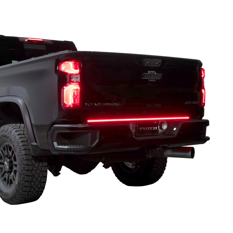 Putco Red Blade 60-inch LED tailgate light bar and vehicle-specific direct-fit wiring harness for Chevy and GMC HD trucks.