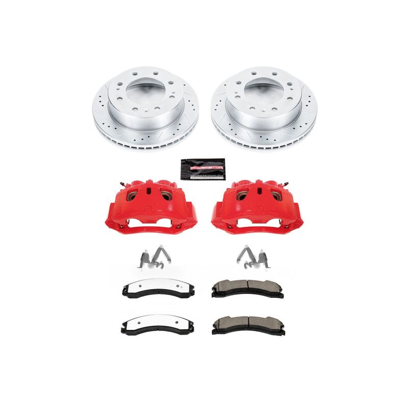 Power Stop Z36 front brake kit with drilled and slotted rotors, red powder-coated calipers, and carbon-fiber ceramic pads.