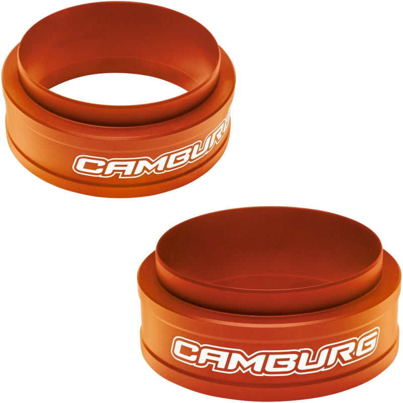 Fox Orange anodized CNC-machined 6061-T6 aluminum front coil spring preload spacers for Gen 3 Ford F-150 Raptor.
