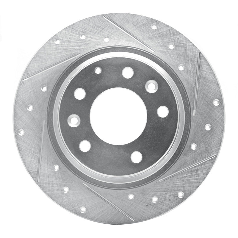 Rear right silver zinc plated brake rotor with precision drilled holes and diamond-cut slots.