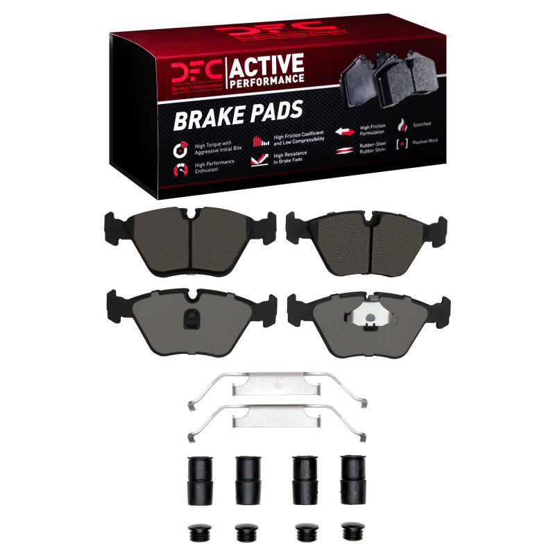 DFC Active Performance front brake pad set with metal installation hardware for select BMW models.