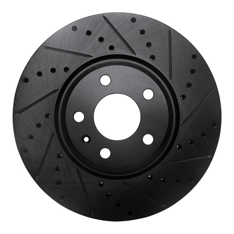 R1 Concepts black drilled and slotted brake rotor for front right side with black protective coating on the hub.