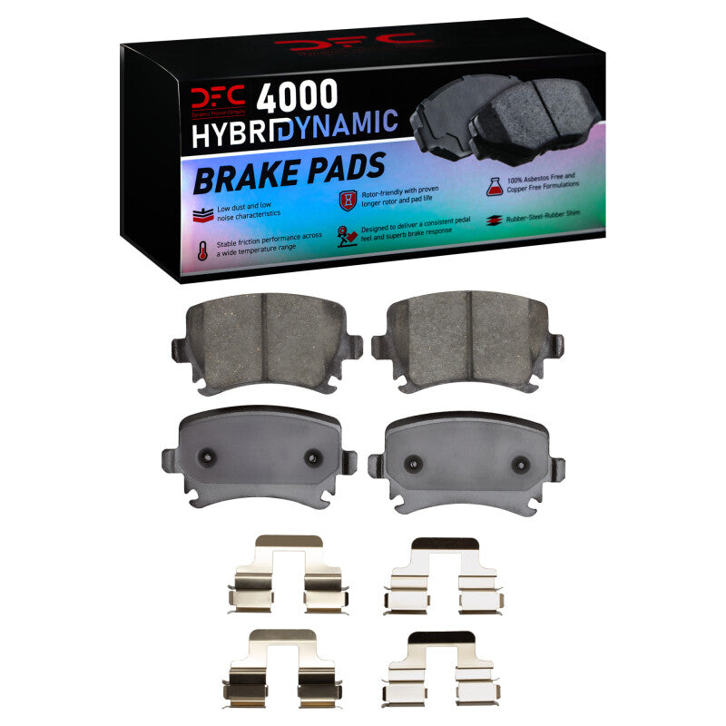 DFC 4000 Series HybriDynamic rear brake pad set with included stainless steel installation hardware kit.