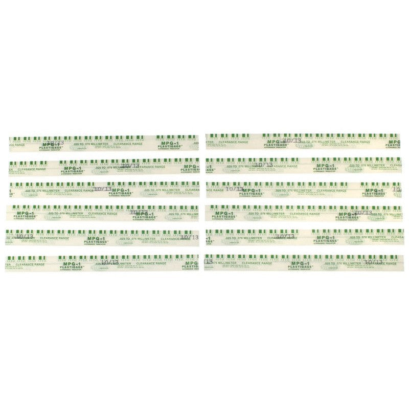Clevite Plastigage Green measurement strips 12-pack with graduated scale packaging for engine bearing clearance.
