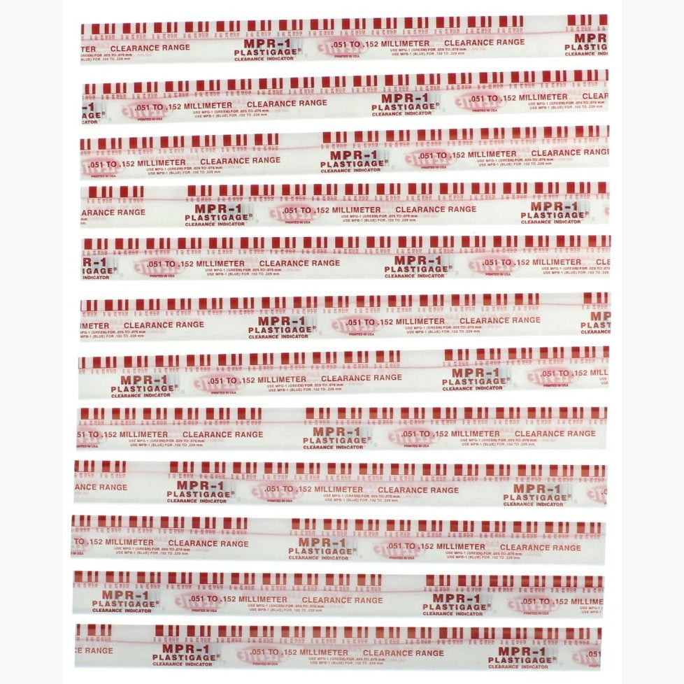 12-pack of Clevite MPR1 Red Plastigage measuring strips for checking engine bearing oil clearances.