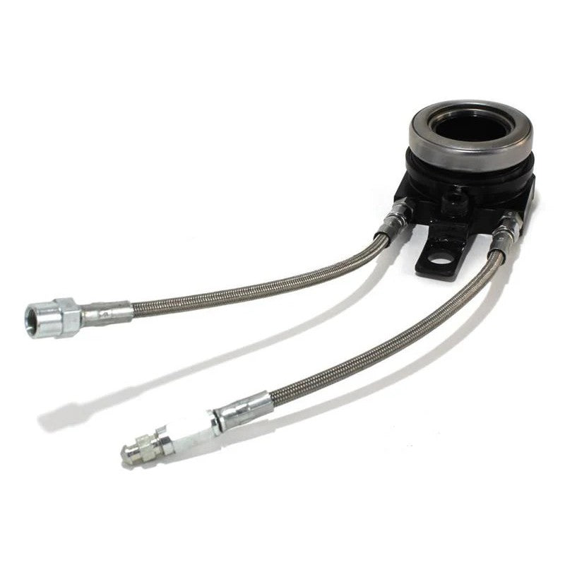 Clutch Masters hard-anodized billet aluminum hydraulic release bearing assembly with stainless steel braided lines.