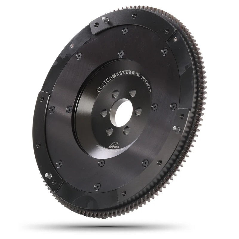Clutch Masters 6061 aluminum flywheel with replaceable steel friction insert and hard anodized finish.