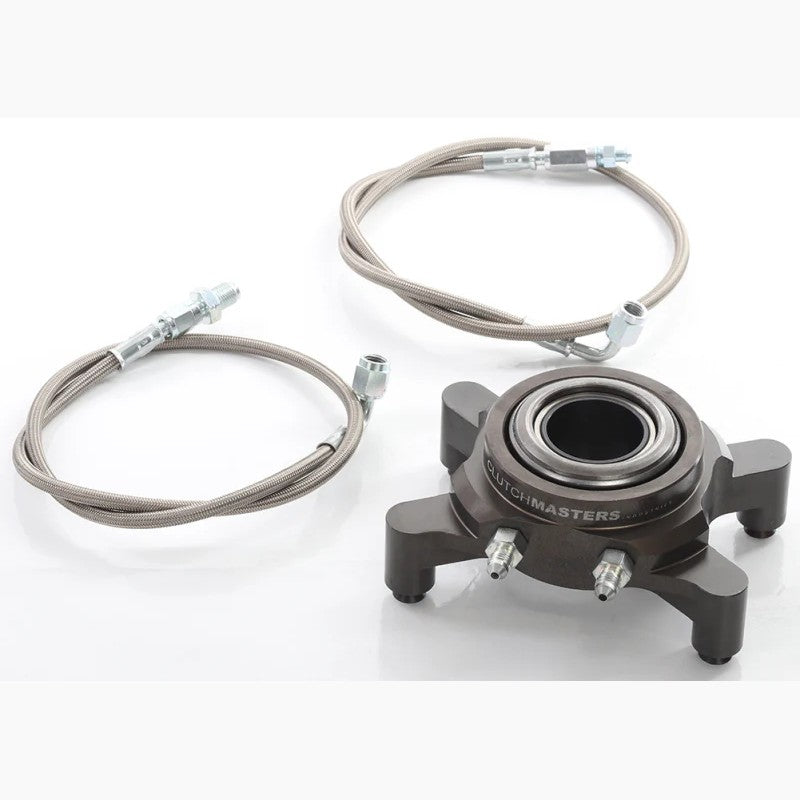 Clutch Masters 4-post internal hydraulic slave cylinder with mounting hardware and three braided clutch lines