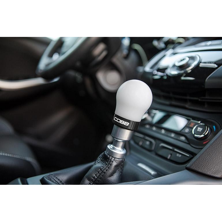 Cobb white performance shift knob with a black base for Ford Focus and Fiesta ST
