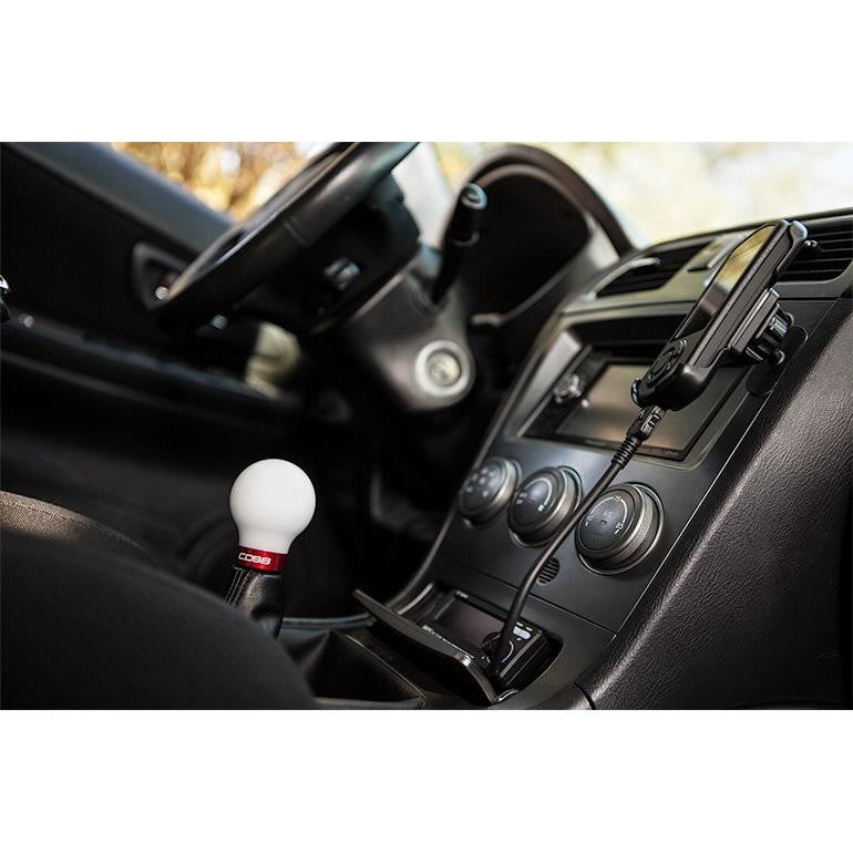 Cobb white 5-speed manual shift knob with race red trim ring for select 2002-2014 Subaru vehicles