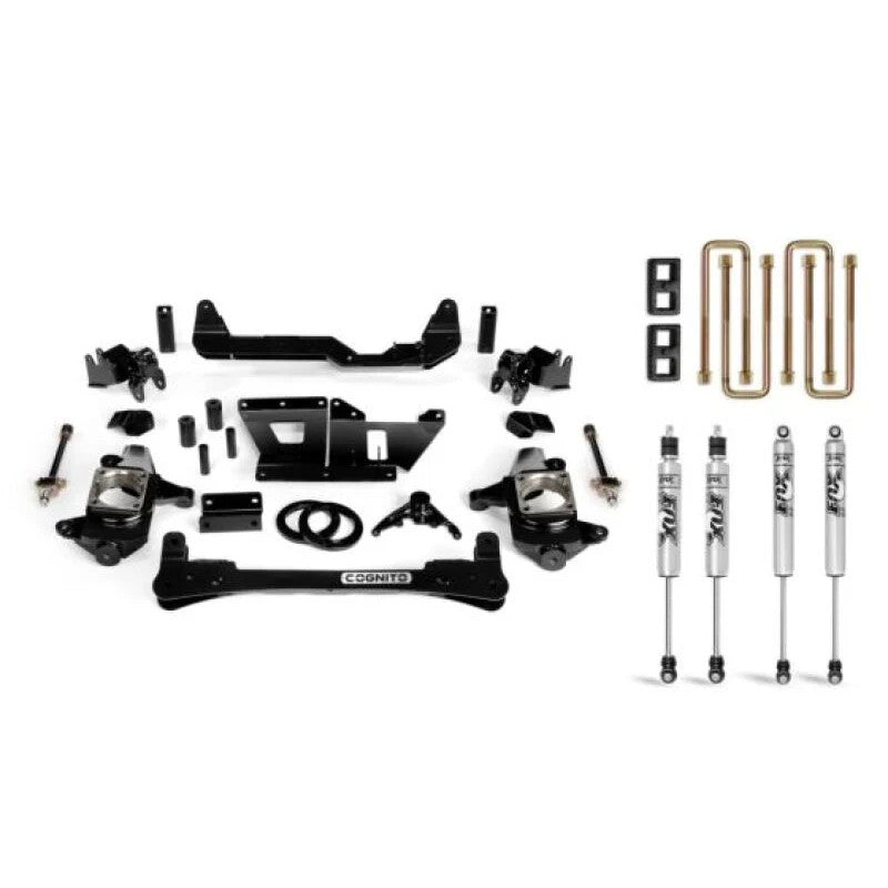 Cognito 4-inch lift kit including front drop brackets, 2-inch rear blocks, U-bolts, and four Fox 2.0 IFP shocks.