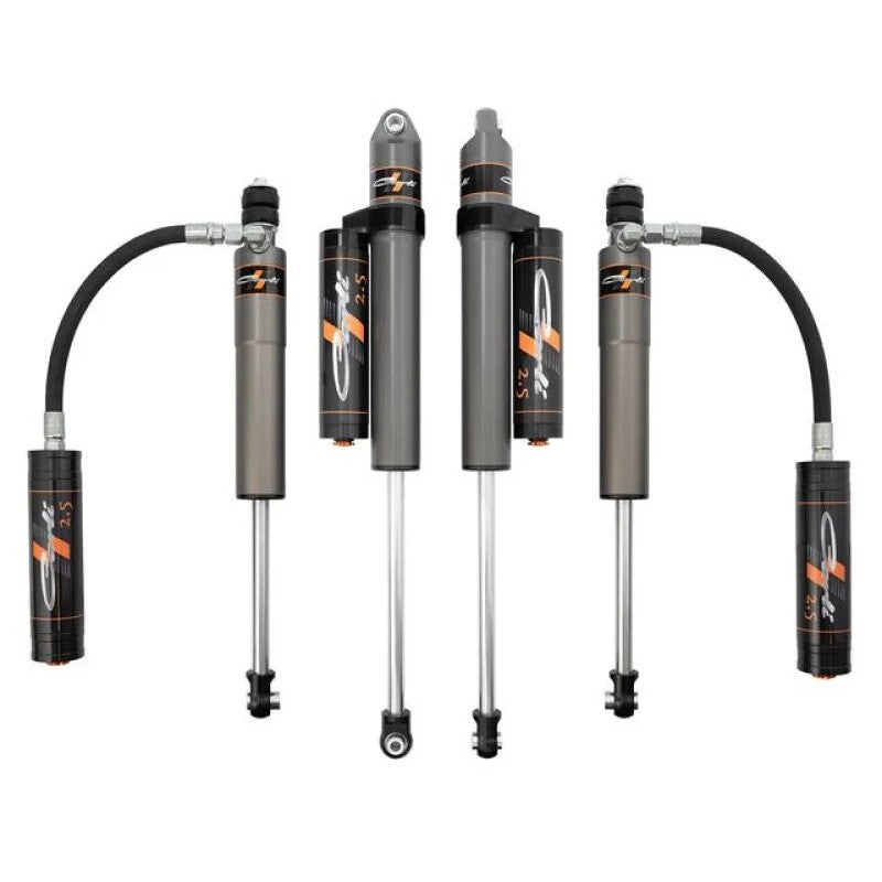 Carli Pathfinder Series 2.5 gray hard-coat aluminum reservoir shocks for 2005-2024 Ford F-250 and F-350 Super Duty.