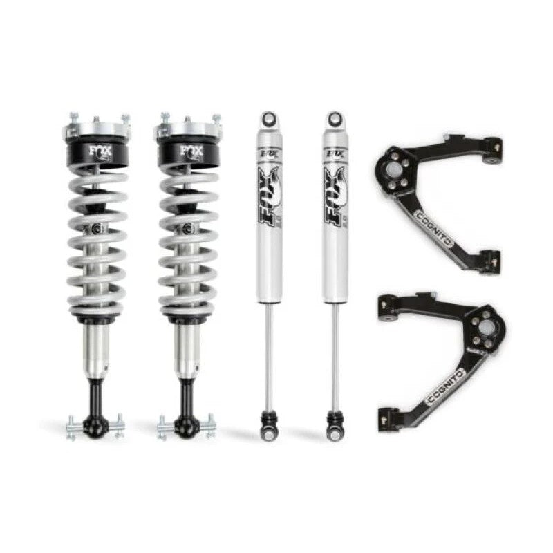 Cognito 3-inch leveling kit with Fox 2.0 IFP shocks and black powder-coated boxed upper control arms.