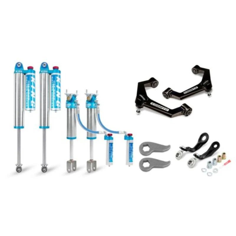 Cognito Elite leveling kit featuring boxed upper control arms, forged torsion keys, and King 2.5 remote reservoir shocks.