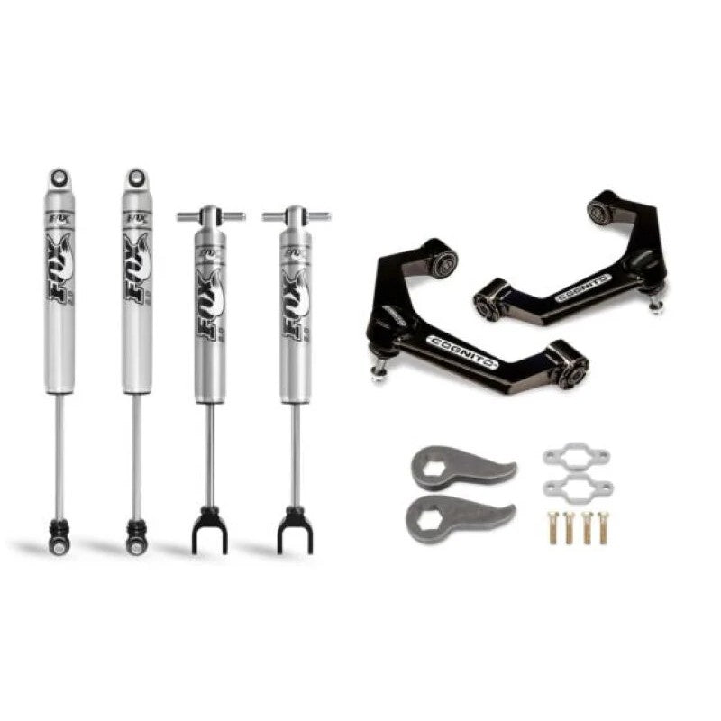 Cognito 3-inch leveling kit with black powder-coated upper control arms, forged torsion keys, and silver Fox 2.0 shocks.