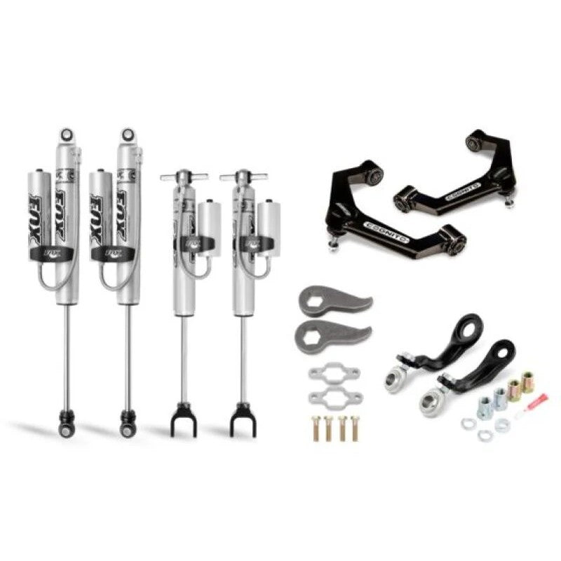 Cognito 3-inch leveling kit with Fox 2.0 remote reservoir shocks and boxed upper control arms for 2011-2019 GM HD trucks.