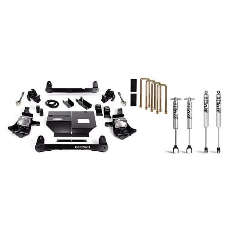 Cognito 4-inch lift kit for 2011-2019 Silverado and Sierra 2500/3500 HD featuring Fox 2.0 Performance Series shocks.