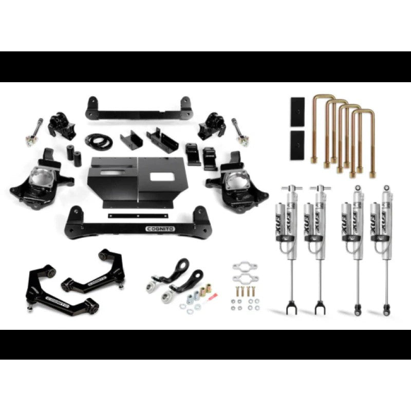 Cognito 4-inch performance lift kit featuring Fox 2.0 remote reservoir shocks and black boxed upper control arms.