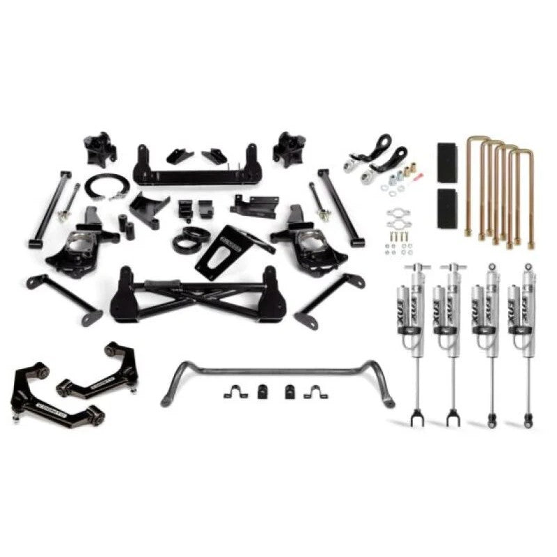 Cognito 7-inch performance lift kit components including Fox 2.0 remote reservoir shocks and boxed upper control arms.