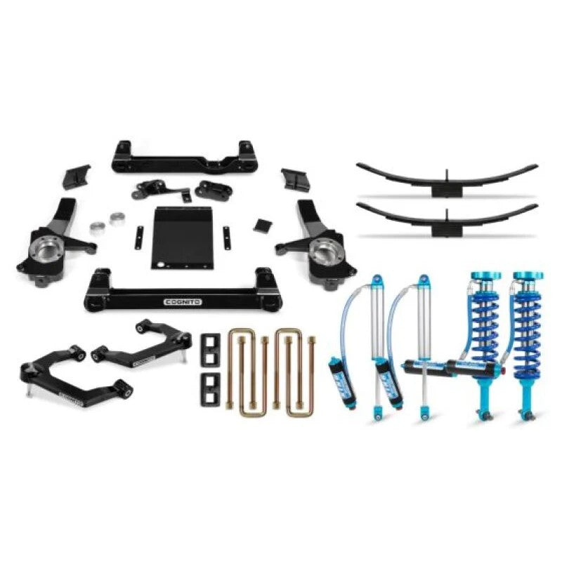 Cognito 6-inch Elite Lift Kit with King 2.5 Remote Reservoir shocks, boxed control arms, and Deaver leaf pack components.