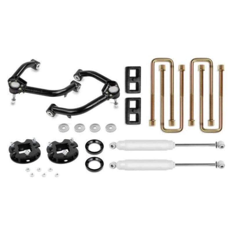Cognito 3-inch leveling lift kit including upper control arms, steel spacers, rear blocks, and white body shocks.