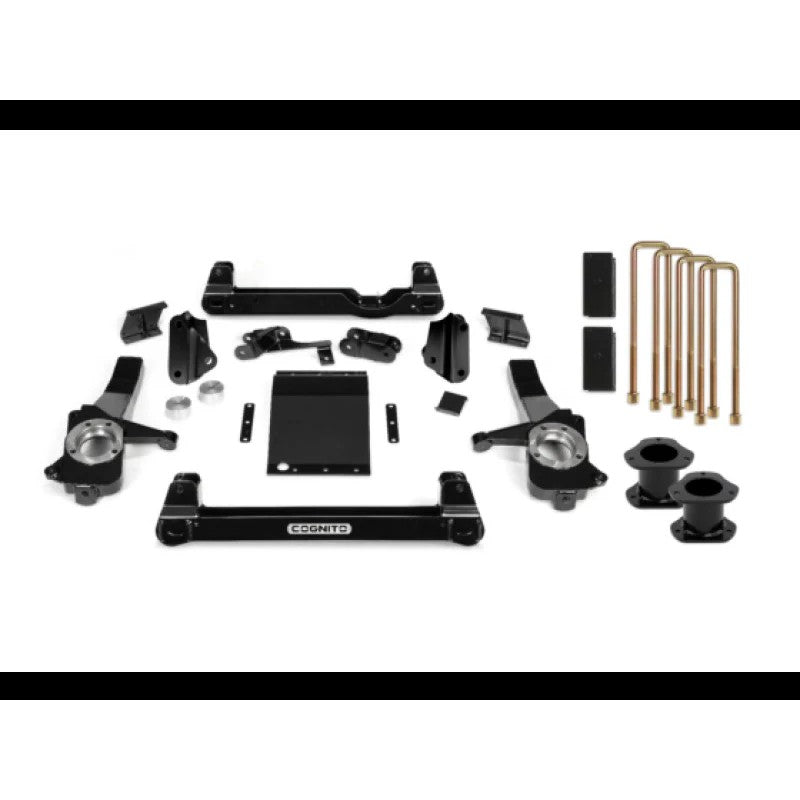 Cognito 4-inch front and 2.5-inch rear lift kit components including blocks, U-bolts, and white body shocks.