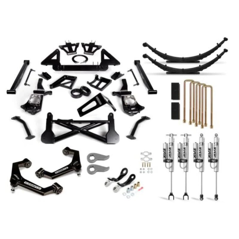 Cognito 12-inch performance lift kit components including Fox 2.0 remote reservoir shocks and boxed upper control arms.