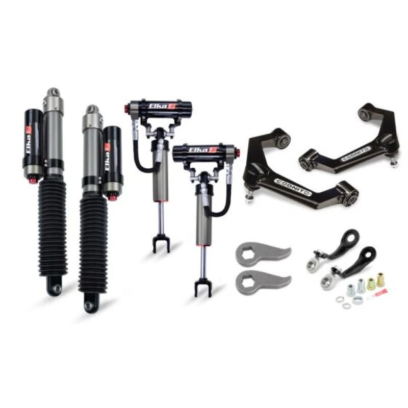 Cognito 3-inch Elite Leveling Kit with Elka 2.5 Reservoir shocks, forged torsion keys, and boxed upper control arms.
