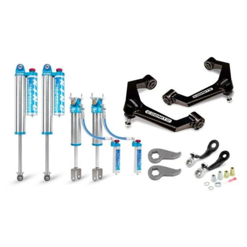 Cognito Elite Leveling Kit including King 2.5 Reservoir shocks, boxed upper control arms, and torsion keys for GM HD trucks.