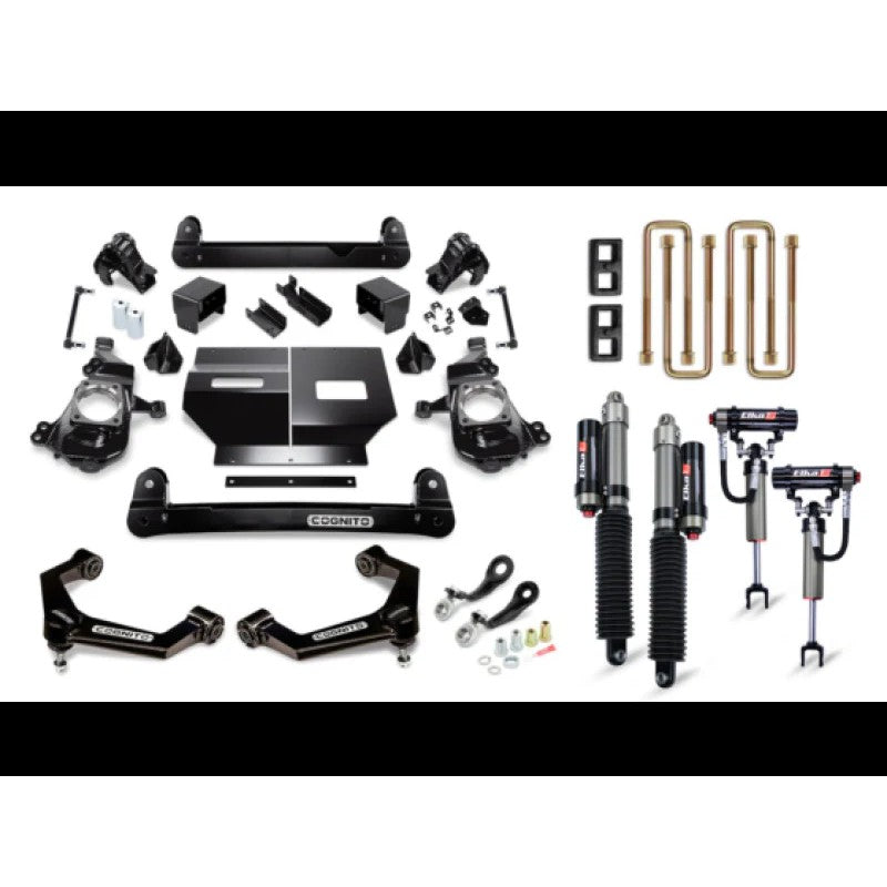 Cognito 4-inch Elite Lift Kit with Elka 2.5 remote reservoir shocks, upper control arms, and PISK steering support kit.