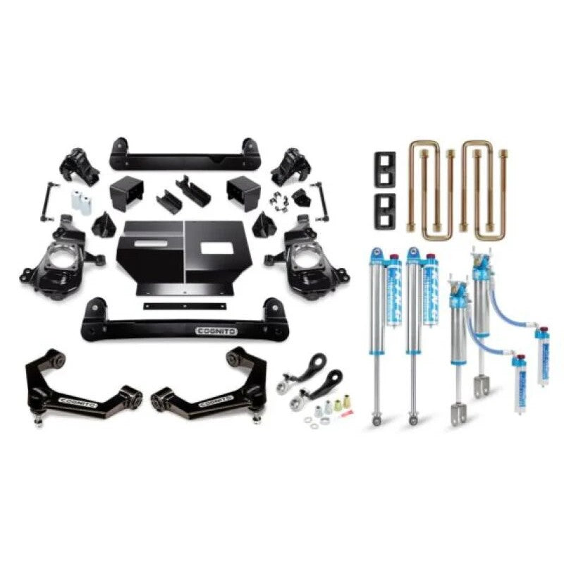 Cognito 4-inch Elite Lift Kit featuring King 2.5 Remote Reservoir Shocks, SM Series Upper Control Arms, and steering supports.