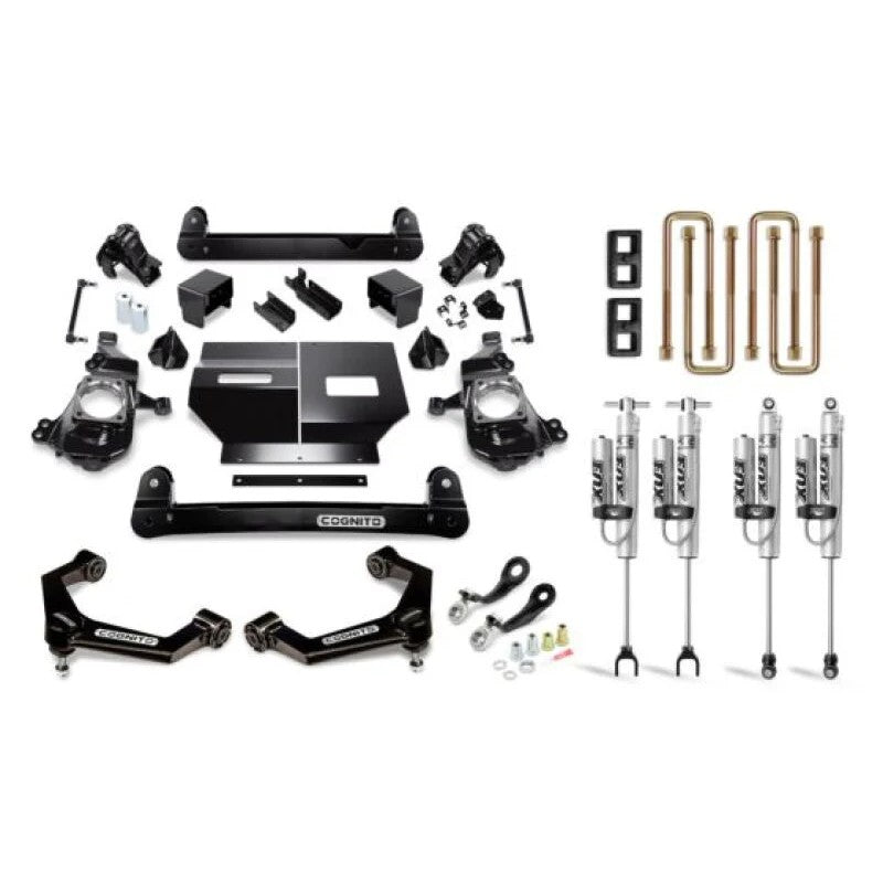 Cognito 4-inch performance lift kit components including Fox 2.0 remote reservoir shocks and black upper control arms